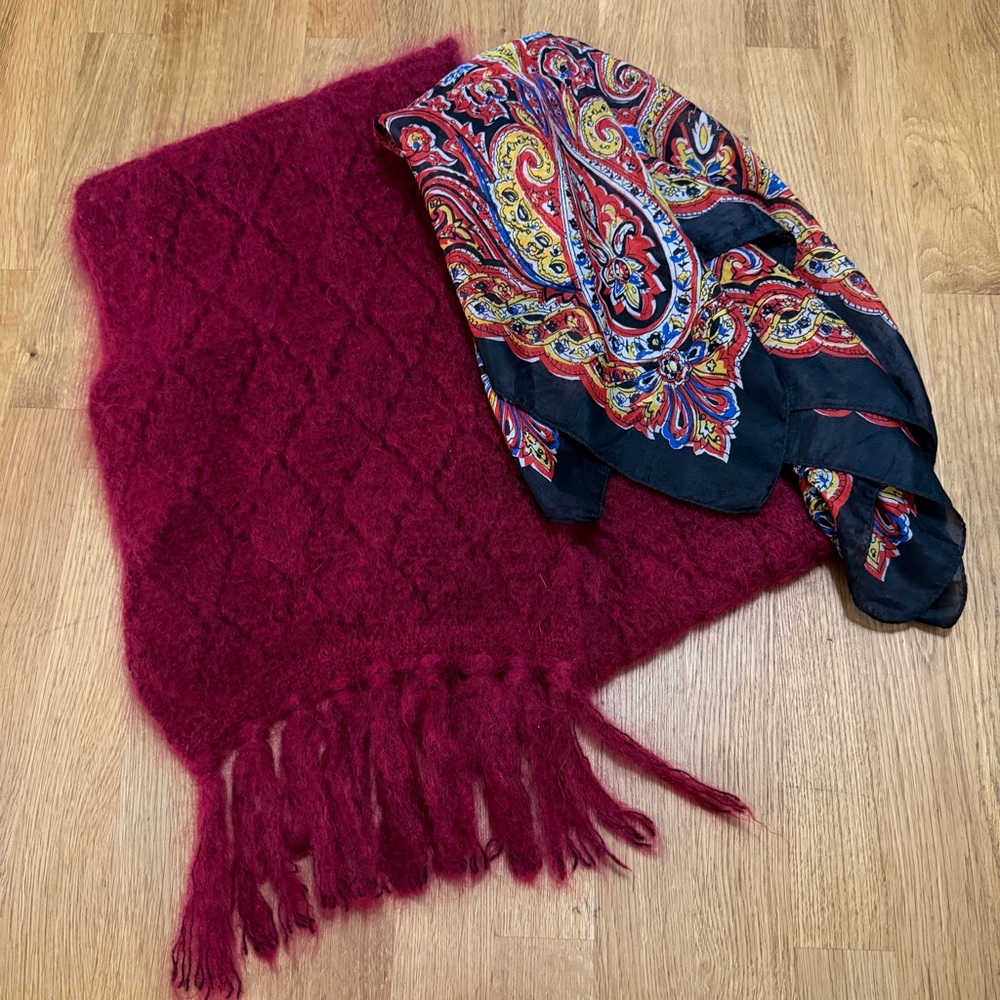 Vintage Glentex Silk Boho Paisley Printed Wool Knit Fringed Lot of 2 Scarves